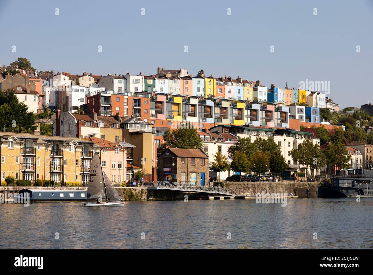 Coloured houses on Cliftonwood Crescent and Old School Lane, Floating Dock, Bristol, England. Sept 2020 Stock Photo