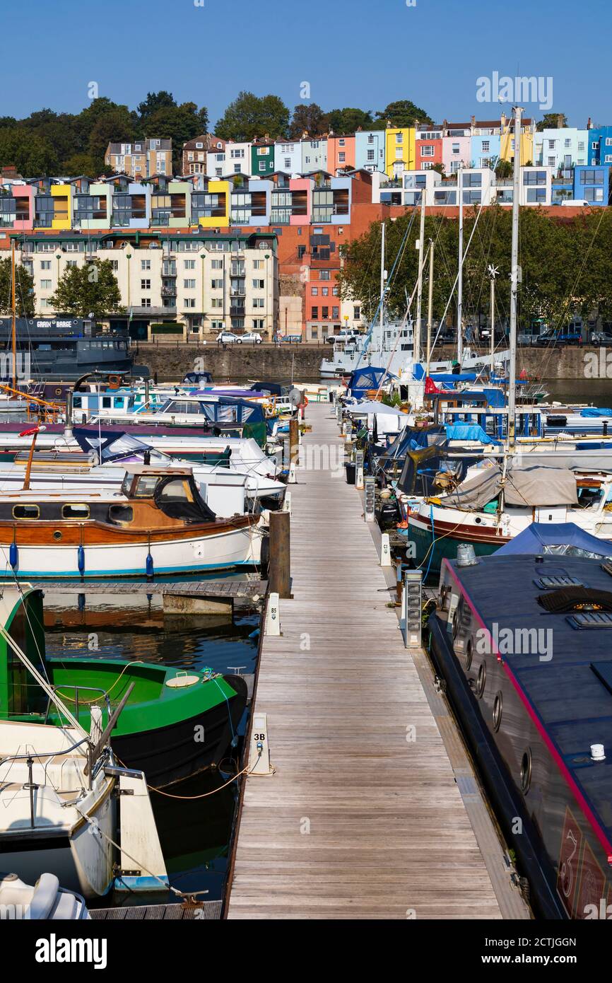 Colourful houses on Old school Lane and Cliftonwood Crescent as seen from Bristol Marina. Bristol, England. Sept 2020 Stock Photo