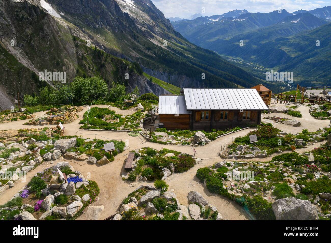 Elevated view of Saussurea Alpine Botanical Garden (2173 m), one of the world’s highest natural gardens, on a ridge of Mont Blanc, Courmayeur, Italy Stock Photo