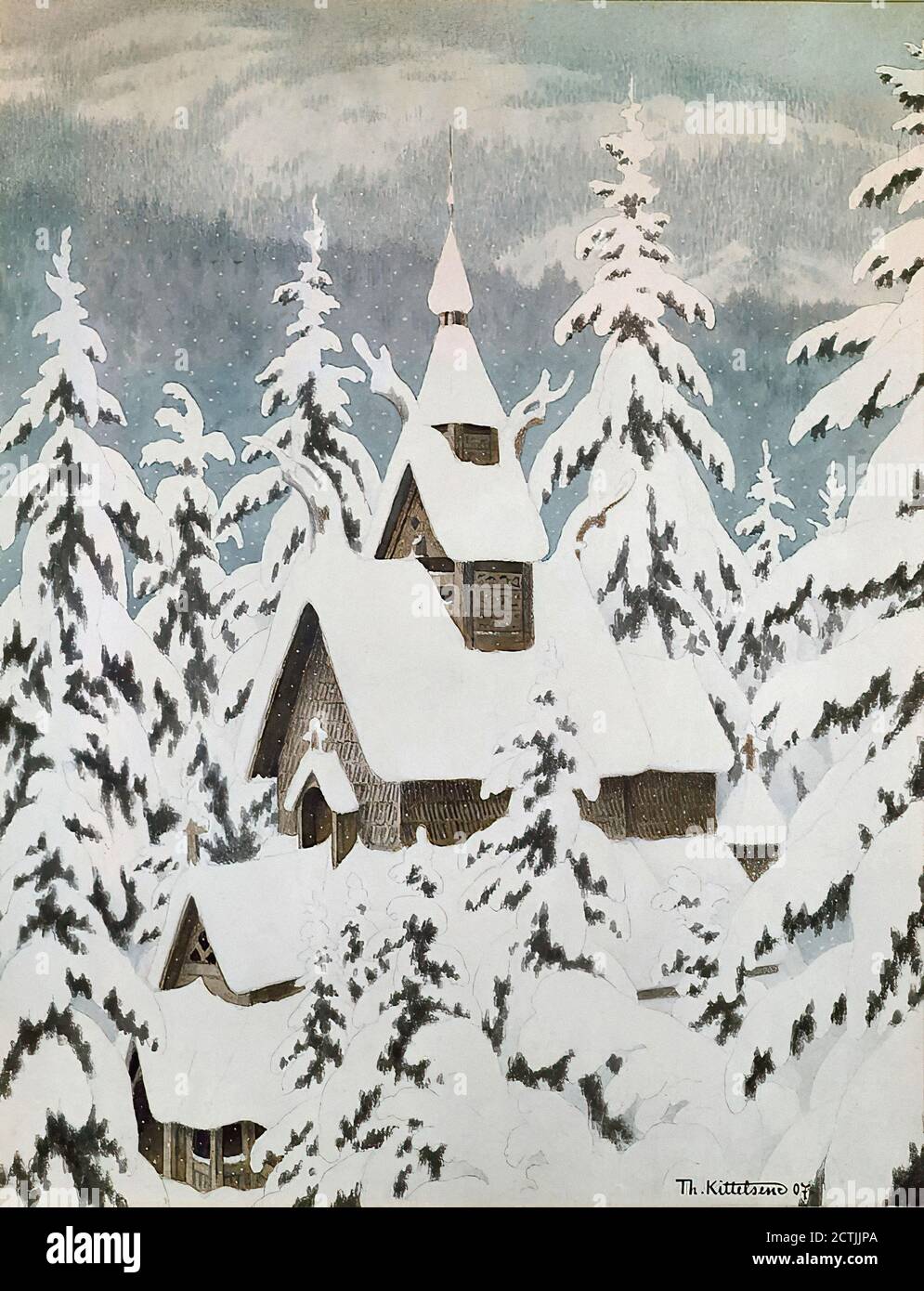 Kittelsen Theodor - Church in the Snow - Norwegian School - 19th  Century Stock Photo