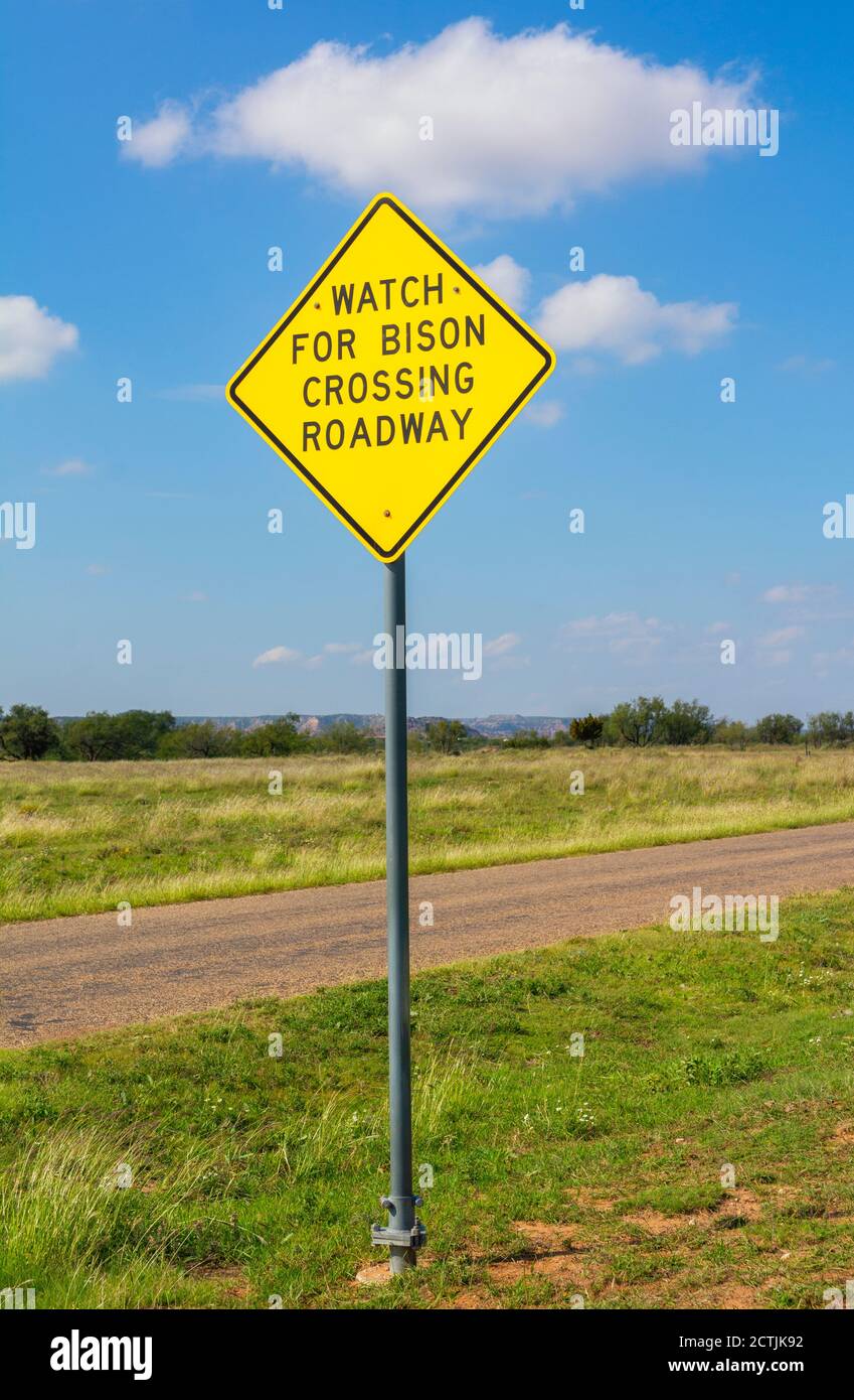 Texas Plains Trail, Briscoe County, Quitaque, Caprock Canyons State Park and Trailway, bison on road warning sign Stock Photo