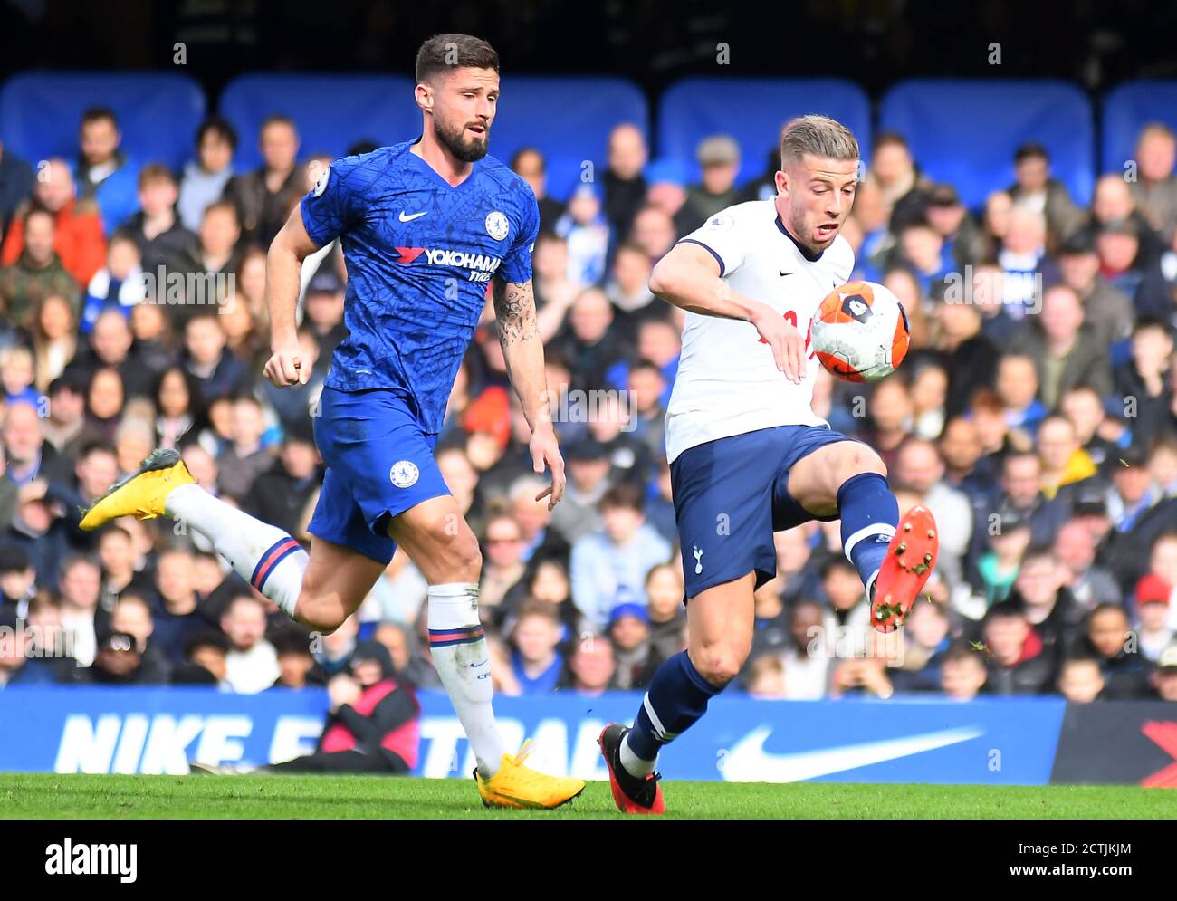 LONDON, ENGLAND - FEBRUARY 22, 2020: Olivier Giroud of Chelsea and Toby Alderweireld of Tottenham pictured during the 2019/20 Premier League game between Chelsea FC and Tottenham Hotspur FC at Stamford Bridge. Stock Photo