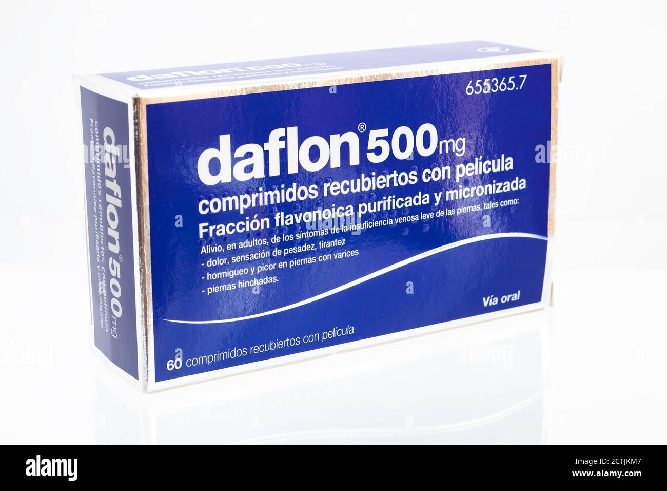 Huelva, Spain-September 23,2020: Spanish Box of Daflon coated tablets, a micronized purified flavonoid fraction containing diosmin and other flavonoid Stock Photo