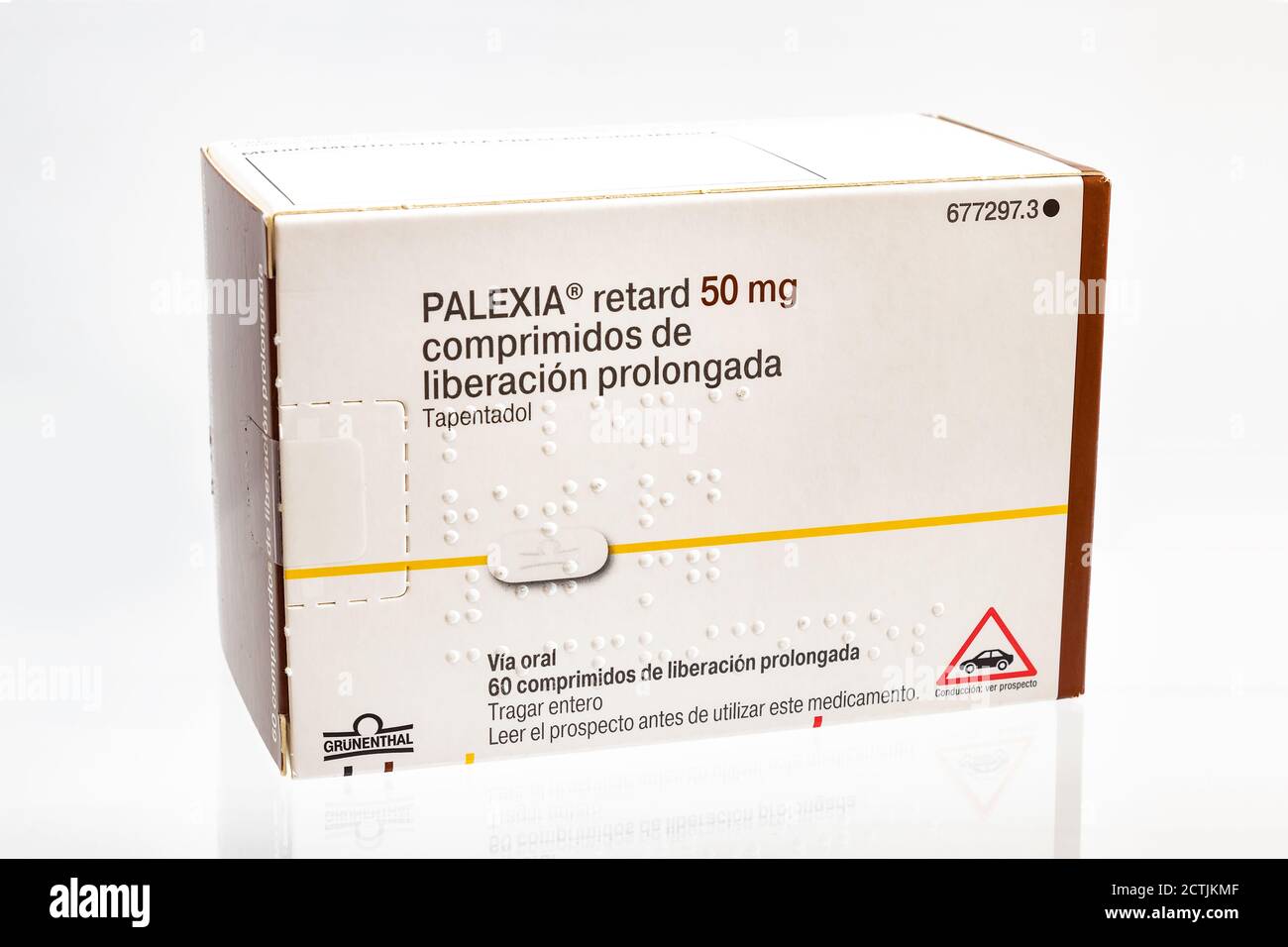 Huelva, Spain - September 23,2020: Spanish Box of Tapentadol, brand Palexia. Centrally acting opioid analgesic of the benzenoid class with a dual mode Stock Photo