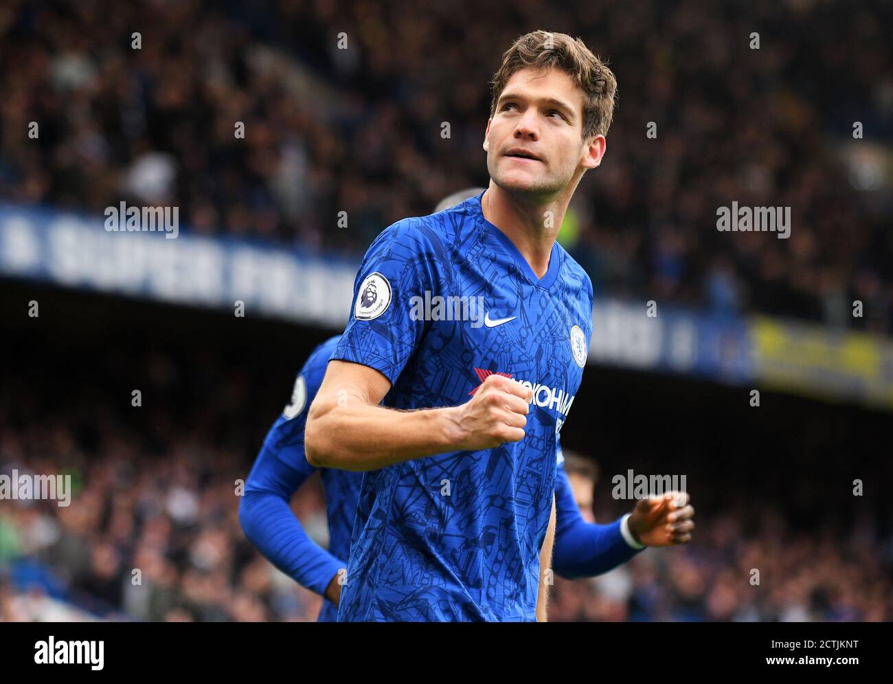 LONDON, ENGLAND - FEBRUARY 22, 2020: Marcos Alonso of Chelsea celebrates after a goal scored during the 2019/20 Premier League game between Chelsea FC and Tottenham Hotspur FC at Stamford Bridge. Stock Photo