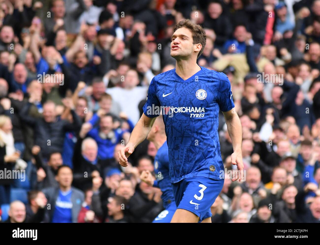 LONDON, ENGLAND - FEBRUARY 22, 2020: Marcos Alonso of Chelsea celebrates after he scored a goal during the 2019/20 Premier League game between Chelsea FC and Tottenham Hotspur FC at Stamford Bridge. Stock Photo