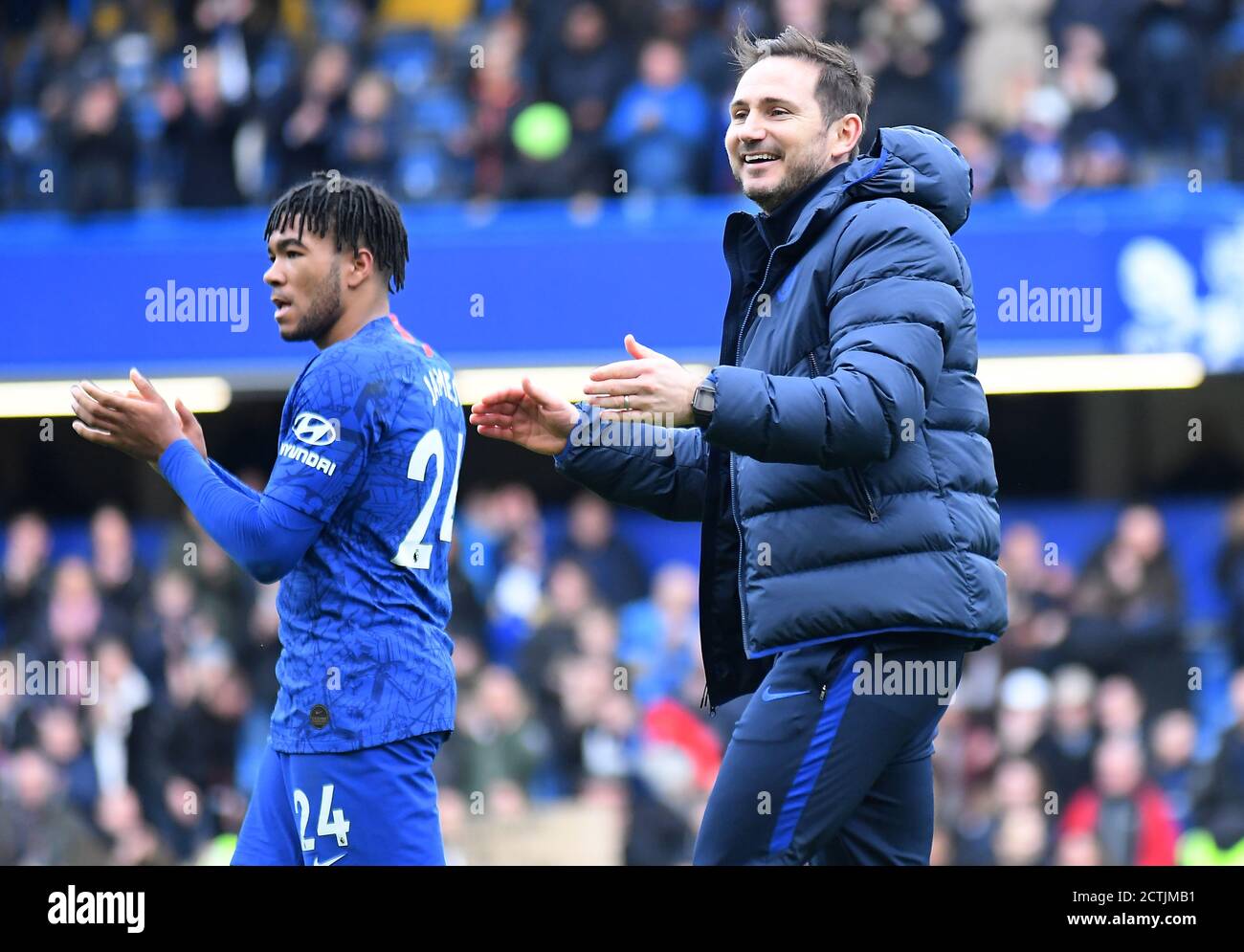 LONDON, ENGLAND - FEBRUARY 22, 2020: Reece James of Chelsea andChelsea manager Frank Lampard pictured after the 2019/20 Premier League game between Chelsea FC and Tottenham Hotspur FC at Stamford Bridge. Stock Photo