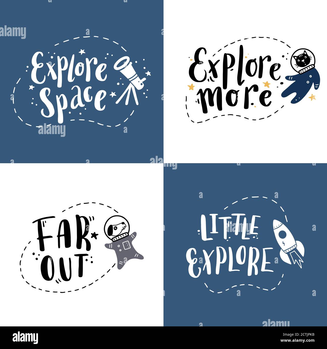 Cute hand drawn lettering space and galaxy quote with star elements. Space  text by doodle style. Vector illustration slogan Little explore, Explore  more, Far out for kids poster, children print Stock Vector, image size:1300x1390