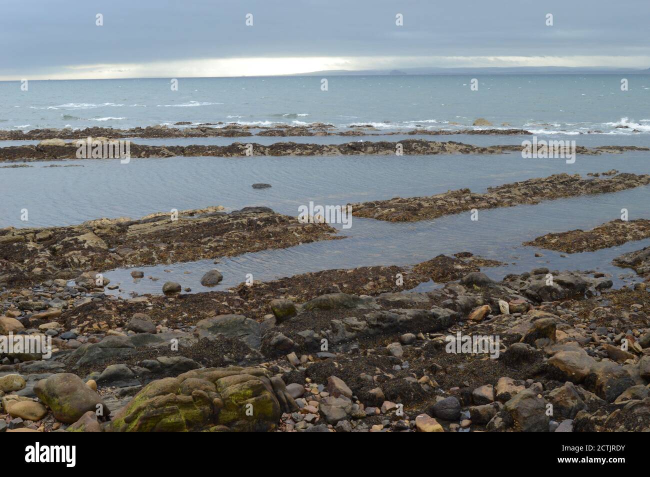Stony coastline near St Monans Harbour, Fife, Scotland Stock Photo