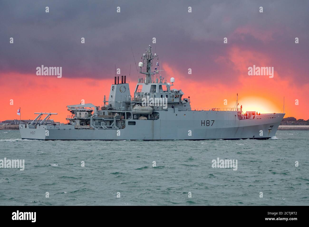 The Royal Navy survey ship HMS Echo (H87) arriving at Portsmouth, UK on the  23rd September 2020 with a dramatic golden hour sunset in the background  Stock Photo - Alamy