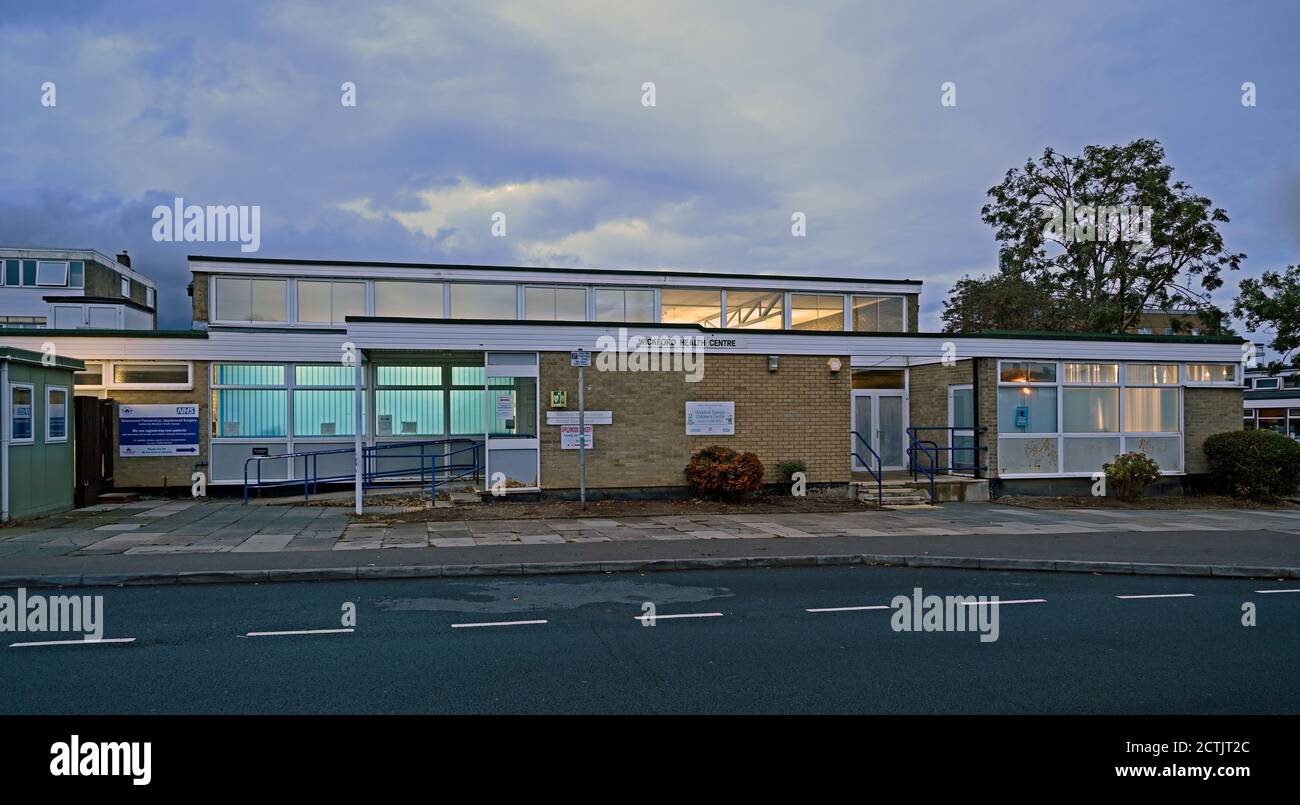 Evening view of Wickford Health Centre in Market Road, Wickford, Essex. UK. Applewood Surgery, Dental Department, Wickford Triangle Children's Centre. Stock Photo