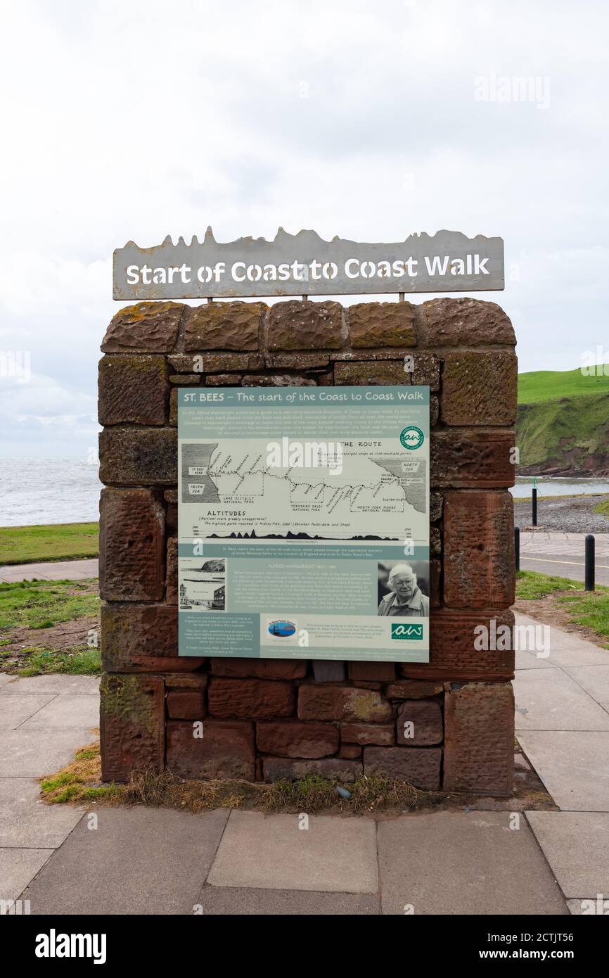 St Bees - start of Wainwrights Coast to Coast long distance walk sign or 'Wainwright Wall', Cumbria, England, UK Stock Photo