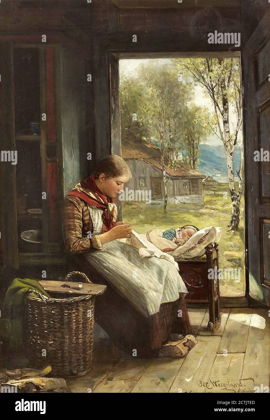 Wergeland Oscar Handarbetande Flicka Norwegian School 19th