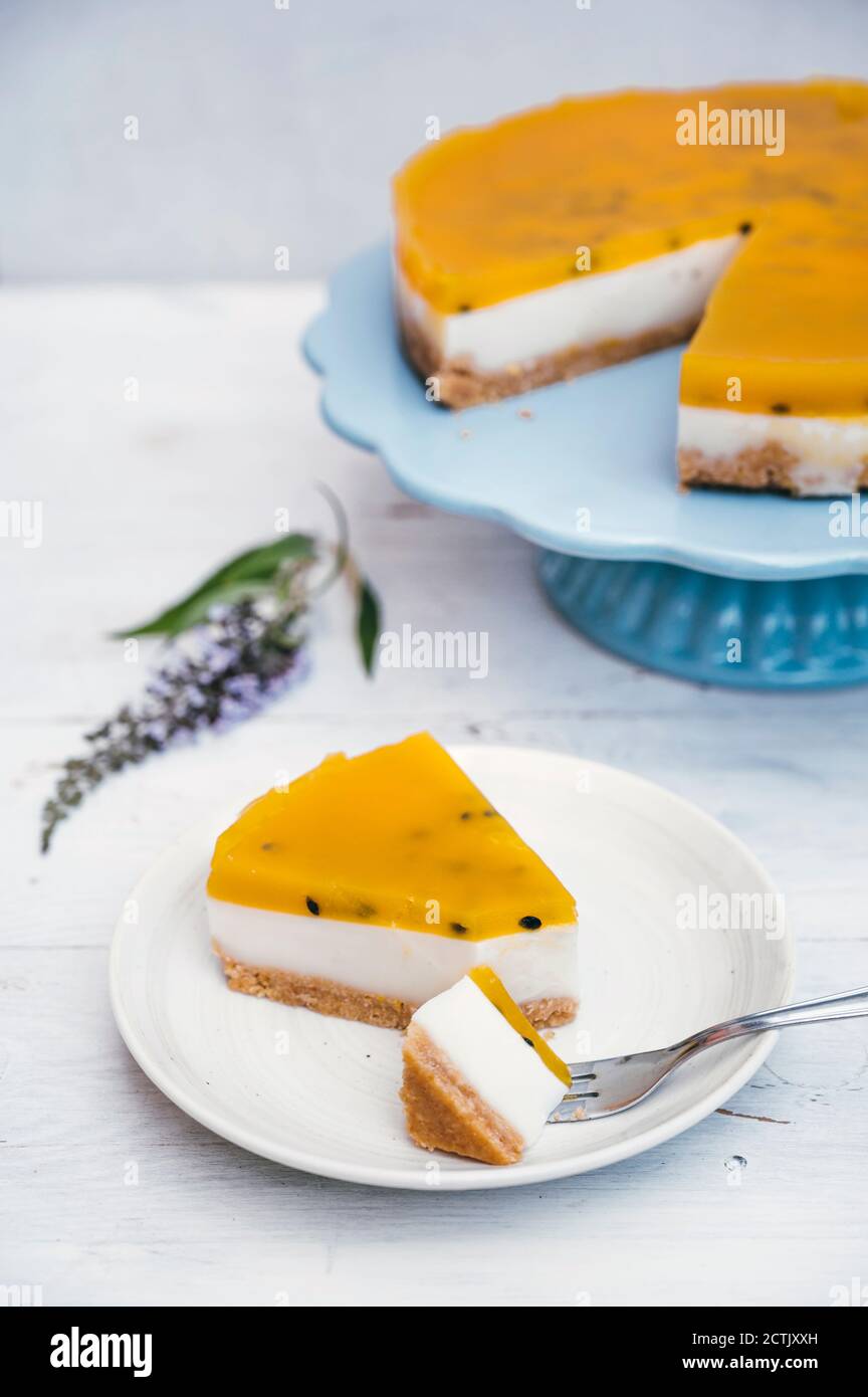 Slice of layered tart with crumble crust, coconut milk, custard and