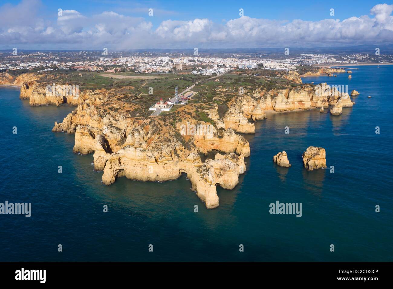 Portugal, Algarve, Lagos, Drone view of Ponta da Piedade headland and Farol  da Ponta lighthouse Stock Photo - Alamy