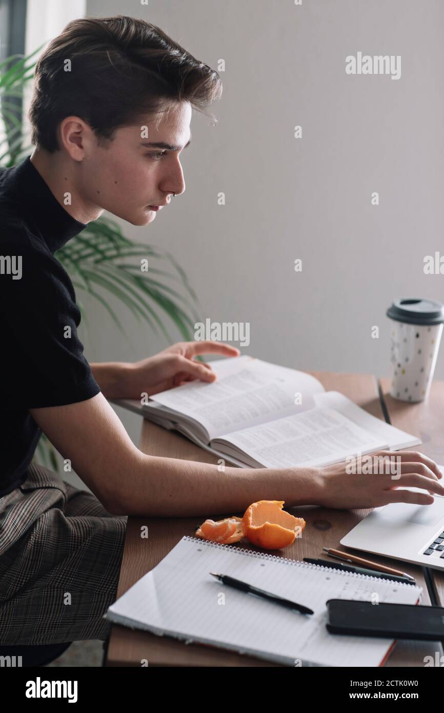 Handsome male student using laptop for doing homework at table Stock Photo