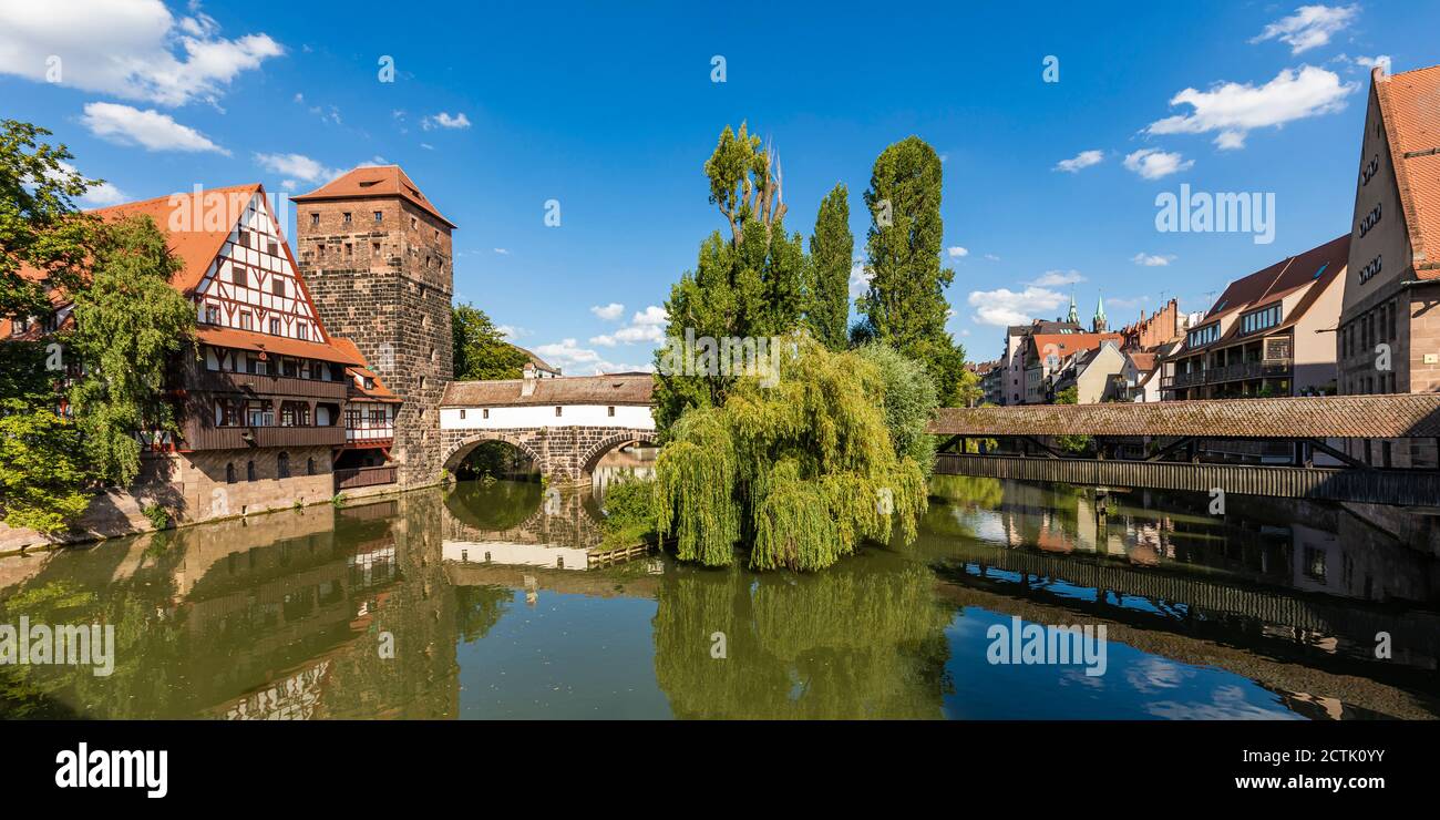 Germany, Bavaria, Nuremberg, Panorama of river Pegnitz, Weinstadel and Wasserturm Stock Photo