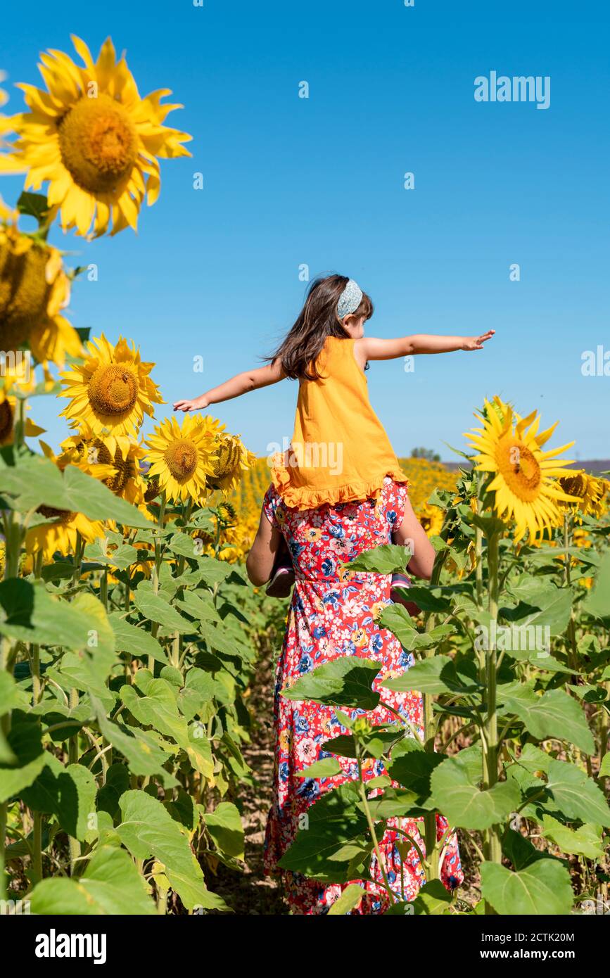 Mother carrying daughter on shoulders in sunflower field against clear blue sky Stock Photo