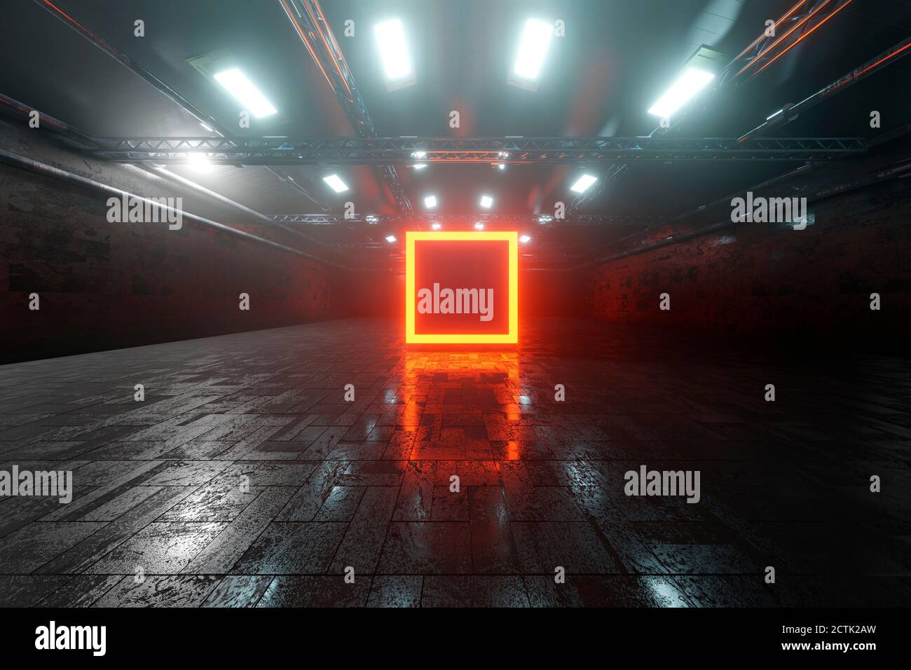 Three dimensional render of red glowing square inside large warehouse Stock Photo