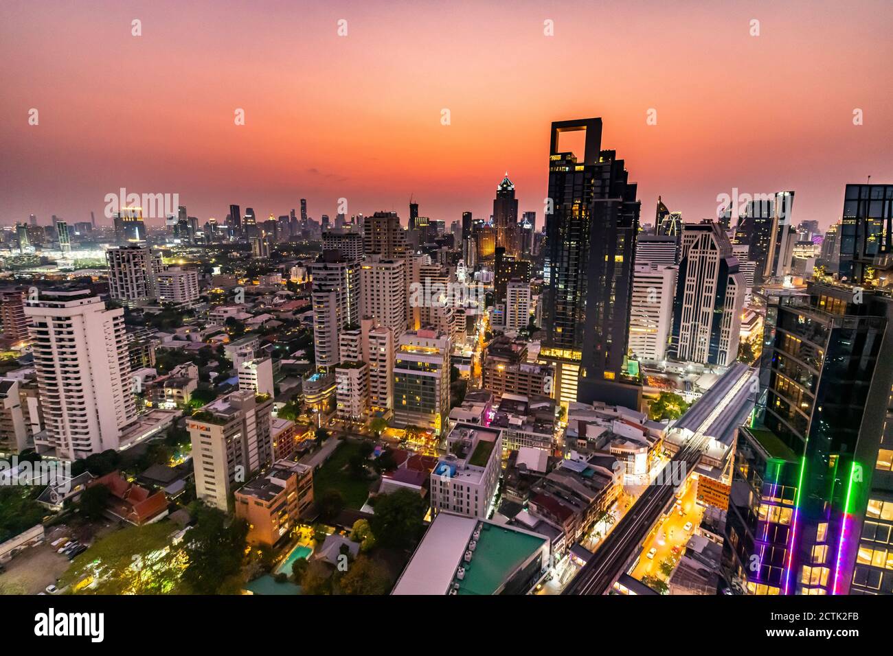 Thailand, Bangkok, Aerial view of capital city downtown at dusk Stock ...