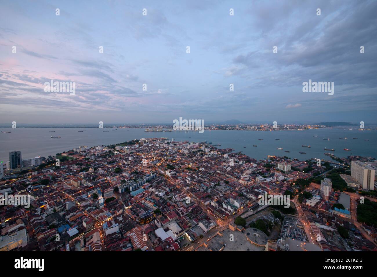 George Town, Penang/Malaysia - Jun 18 2017: Sunset hour over Penang Georgetown. Background is Peninsular Malaysia. Stock Photo