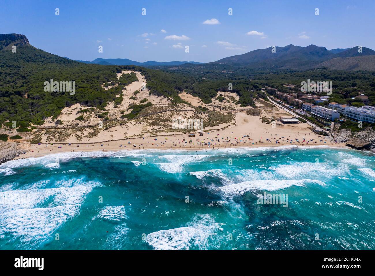 Spain, Mallorca, Cala Mesquida, Aerial view of Cala Agulla beach in summer Stock Photo