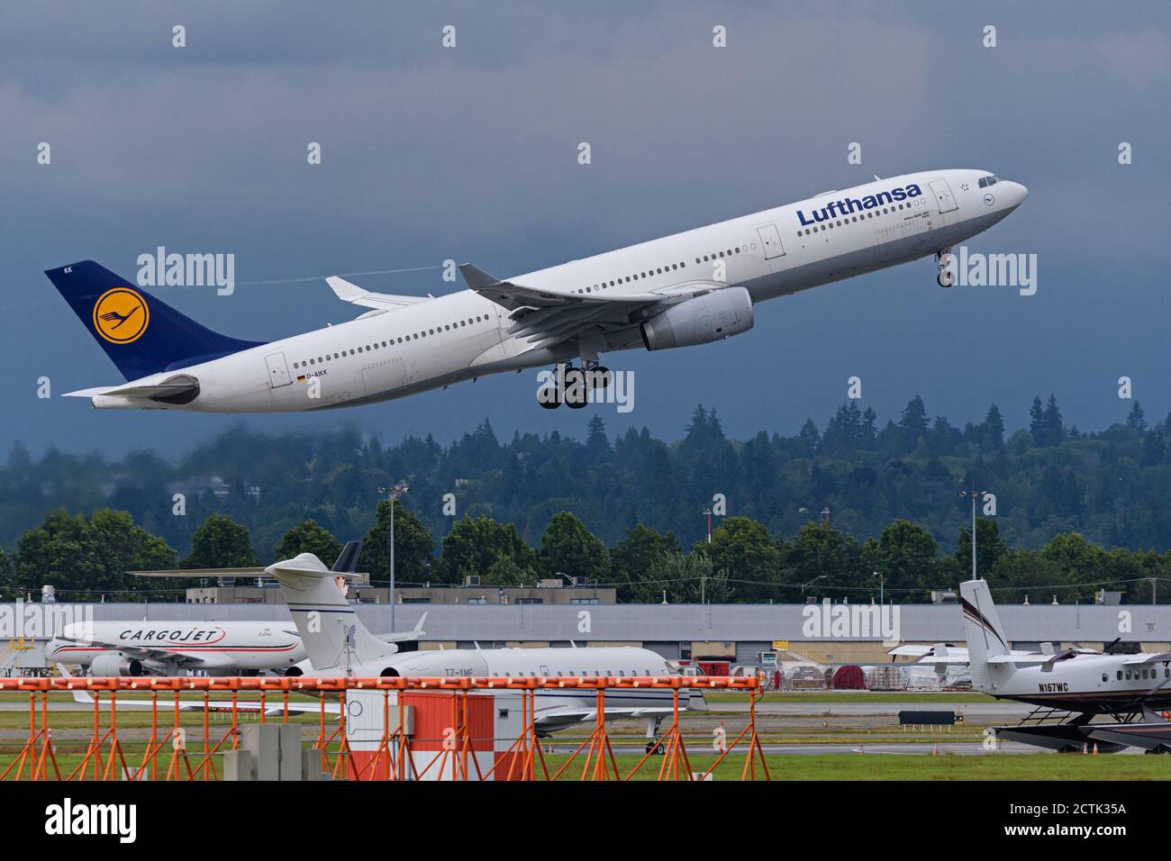 Lufthansa plane Airbus A330-300 airborne after take-off from Vancouver International Airport. Stock Photo