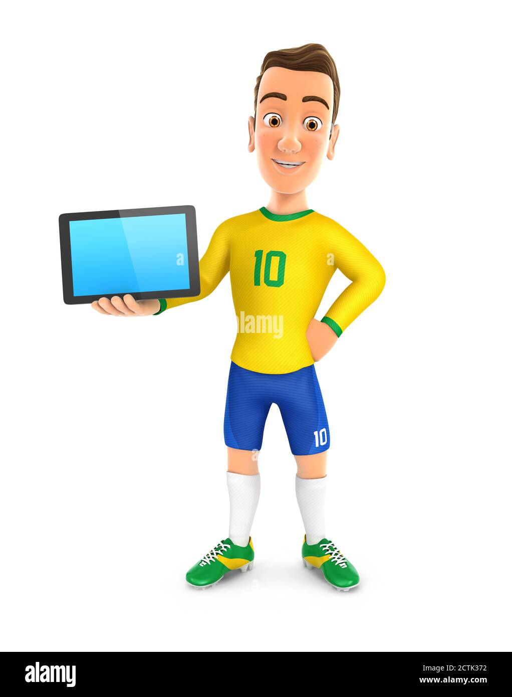 3d soccer player yellow jersey standing with a tablet, illustration with isolated white background Stock Photo