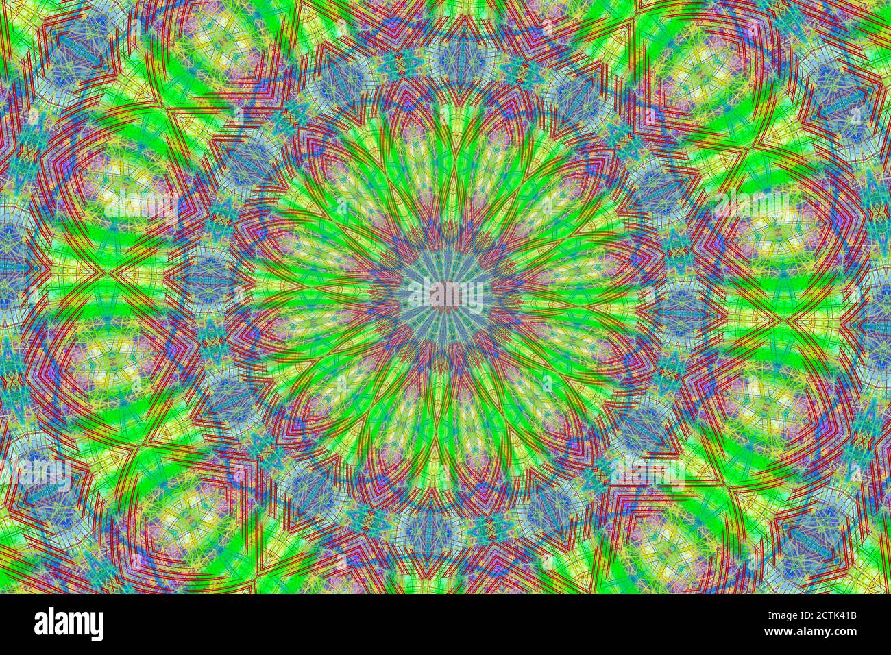 Blue,pink,yellow,purple,green,orange neon paper color for background.  Swirling kaleidoscopic geometric pattern of bright colors. Stock Photo