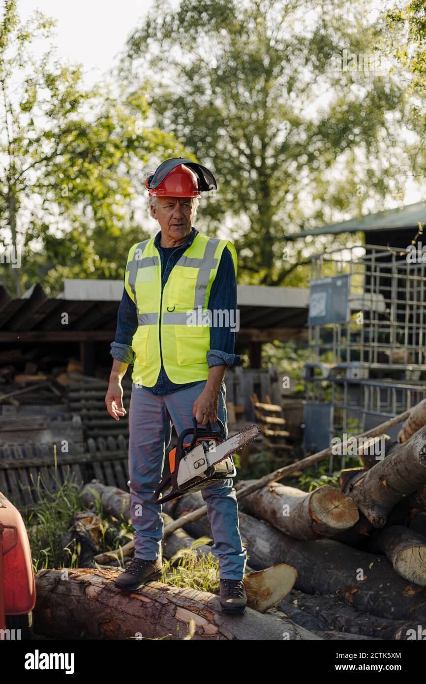 Man holding chainsaw while standing over fallen tree in forest Stock Photo