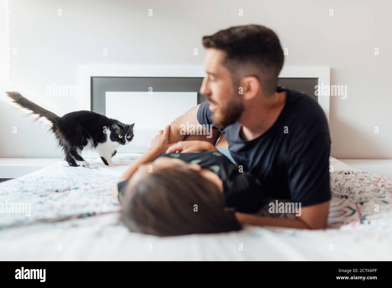 Couple lying down on bed while playing with cat at home Stock Photo