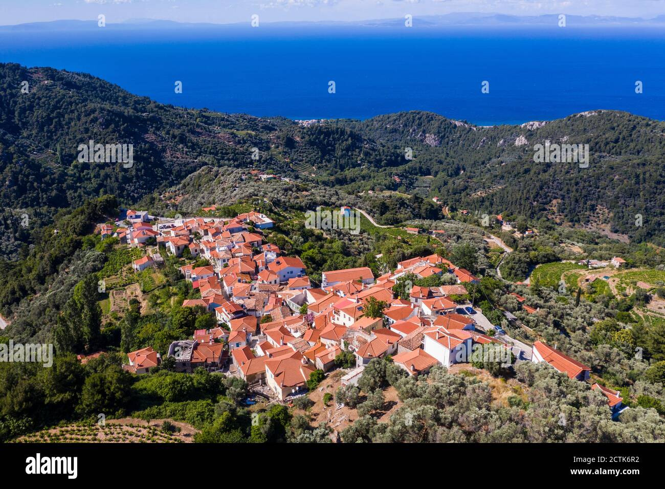 Aerial view of mountain village on samos island hi-res stock ...