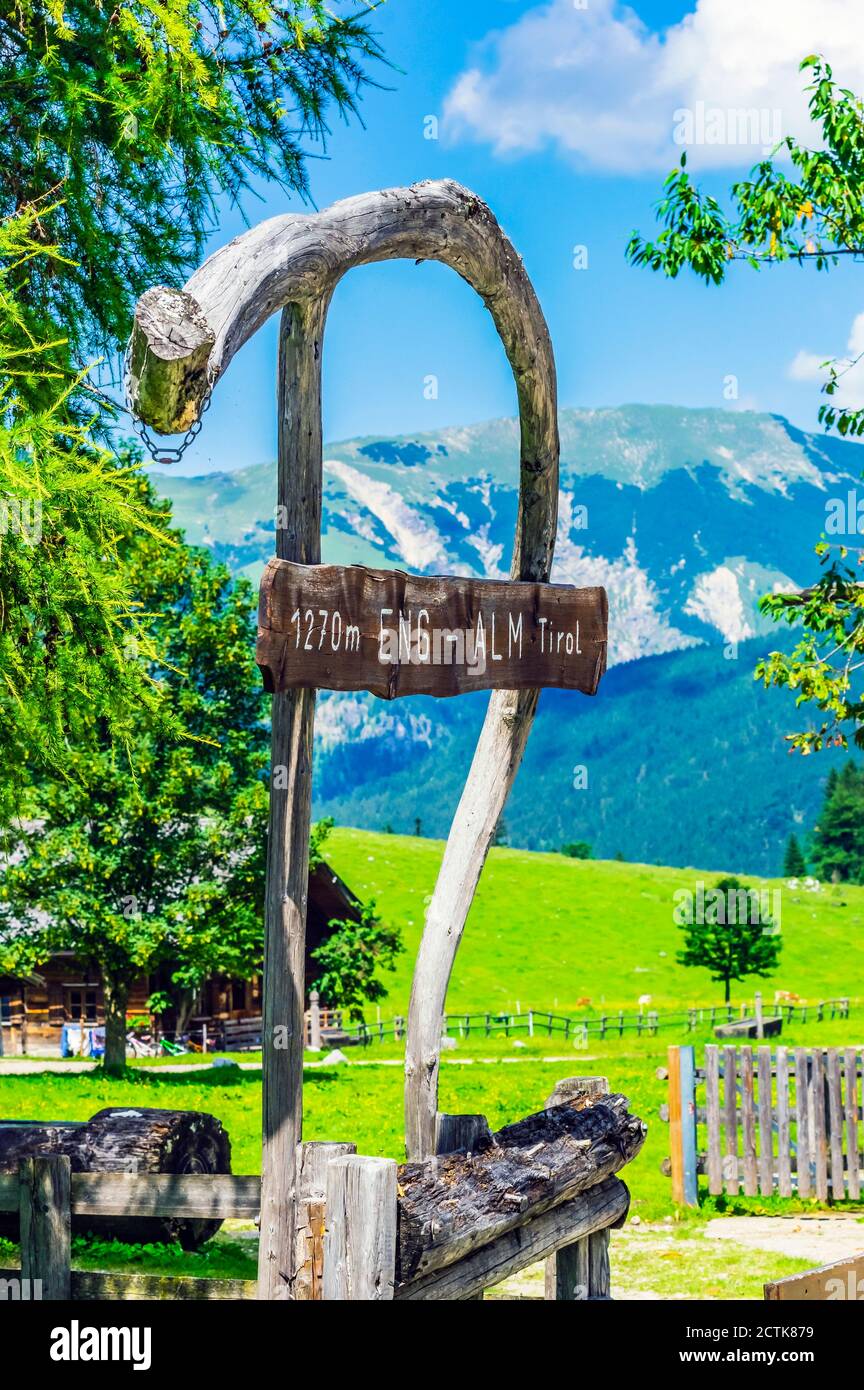 Austria, Tyrol, Vomp, Directional sign in mountain village Stock Photo