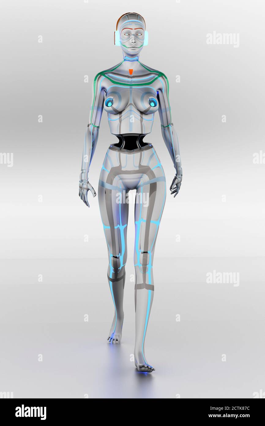 Female cyborg walking against white background Stock Photo