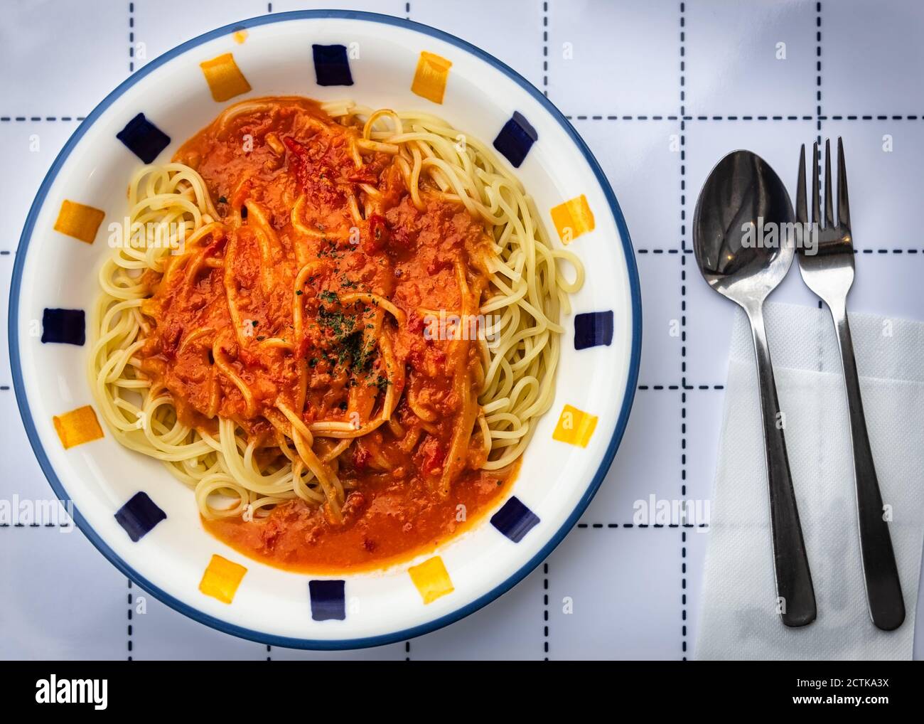 A bowl of pasta, with cheese and crab sauce, in Kurihama, Japan. Stock Photo