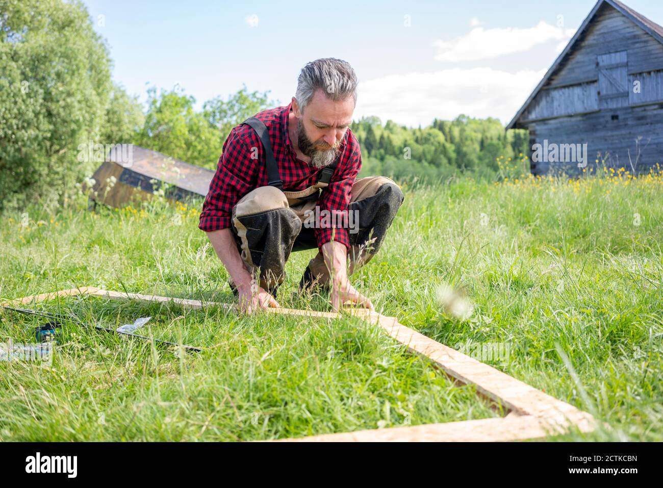 Carpenter crouching while positioning planks on grass Stock Photo - Alamy