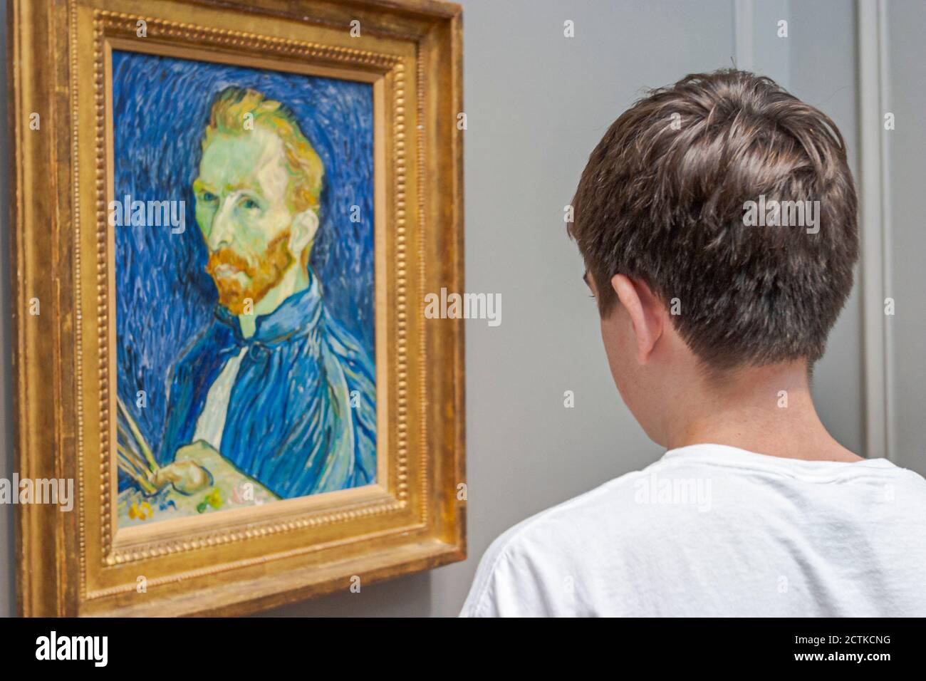 Washington DC National Gallery of Art,Vincent van Gogh painting,teen boy looks looking self portrait, Stock Photo