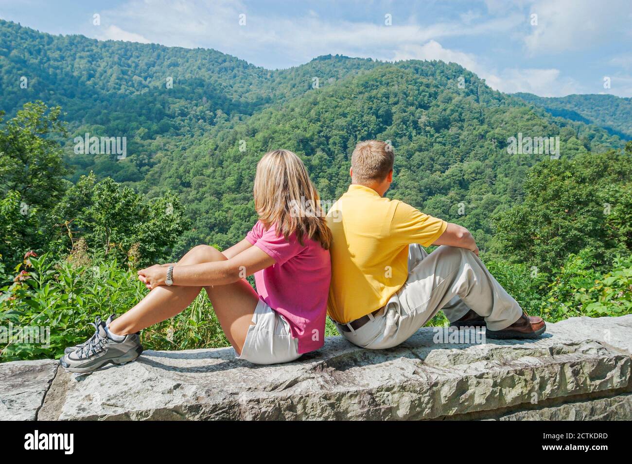Tennessee Great Smoky Mountains National Park,nature natural scenery mountain ridge,man woman female couple hiking observation point back to back, Stock Photo