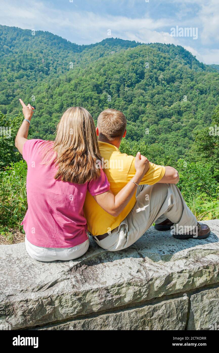Tennessee Great Smoky Mountains National Park,nature natural scenery mountain ridge,man woman female couple hiking observation point, Stock Photo