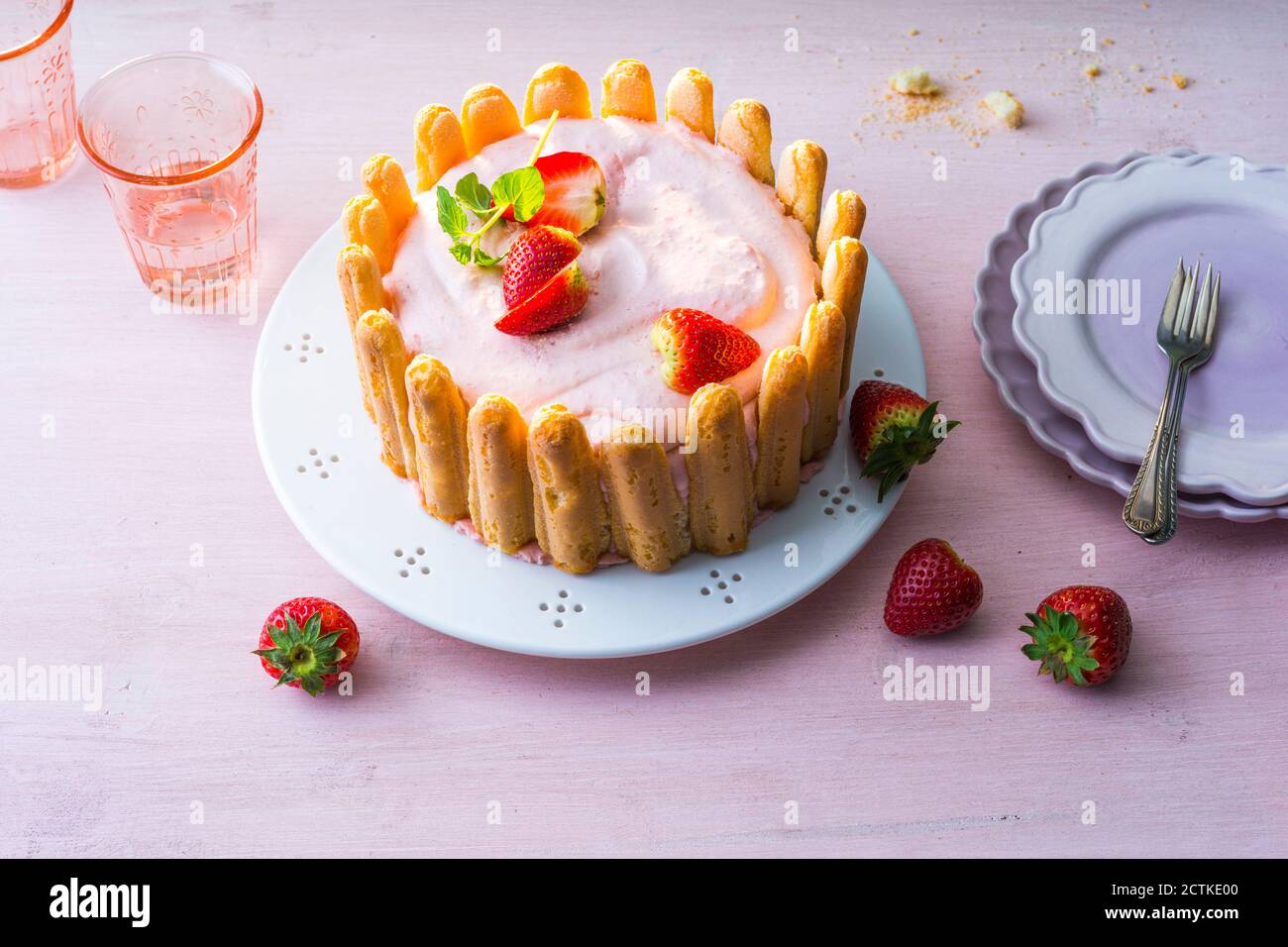 Strawberry charlotte with ladyfingers and sour cream Stock Photo Alamy