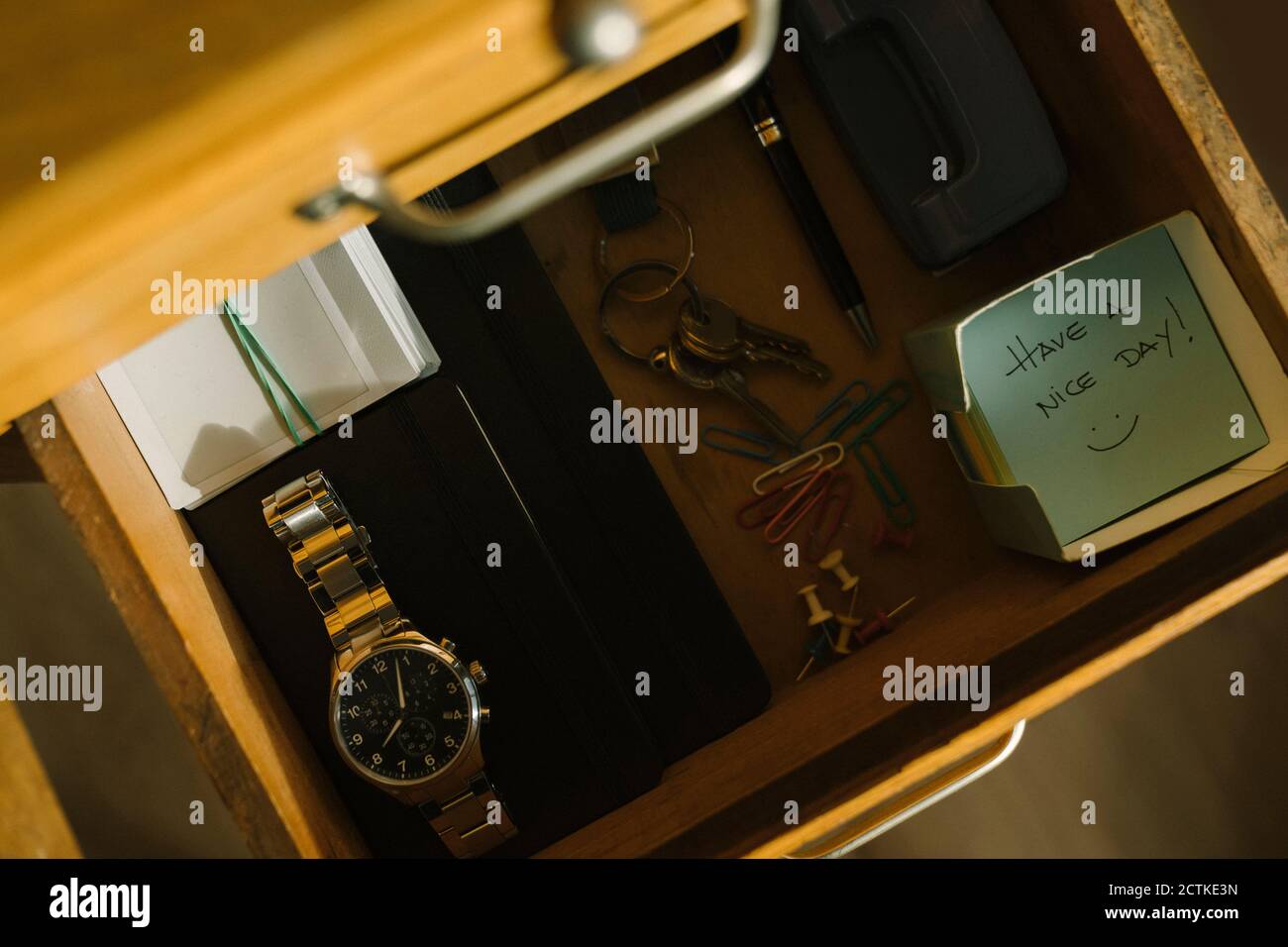 Directly above view of office accessories kept in drawer Stock Photo