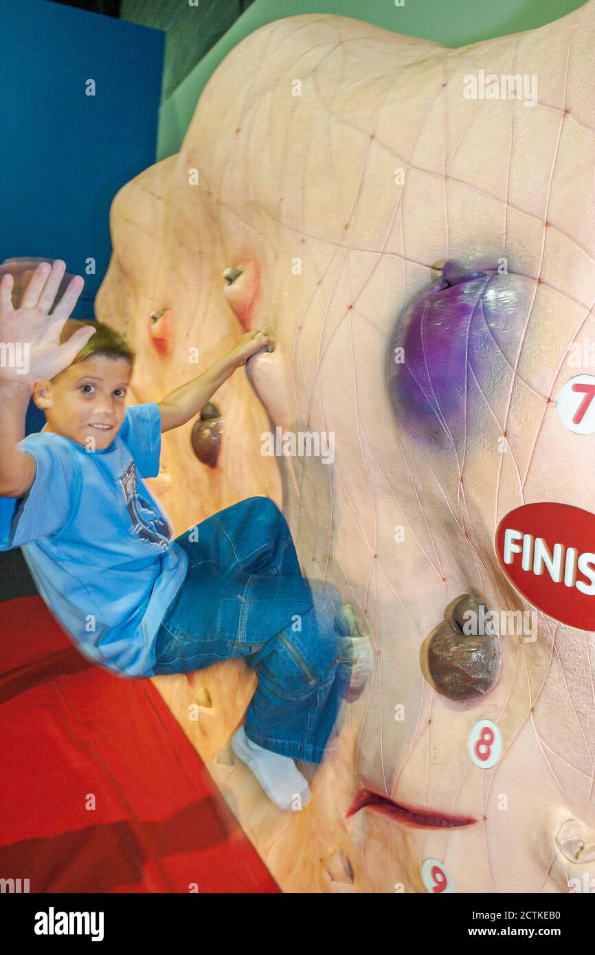 Huntsville Alabama,Sci-Quest Hands-on Science Center,inside interior climbing wall,boy climbs Stock Photo