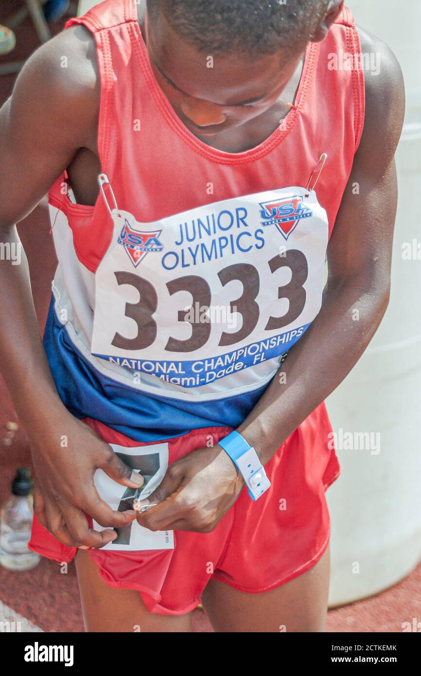 Miami Florida,Tropical Park,USA Track & Field National Junior Olympics,student students competition sports,athlete athletes Black African Africans tee Stock Photo