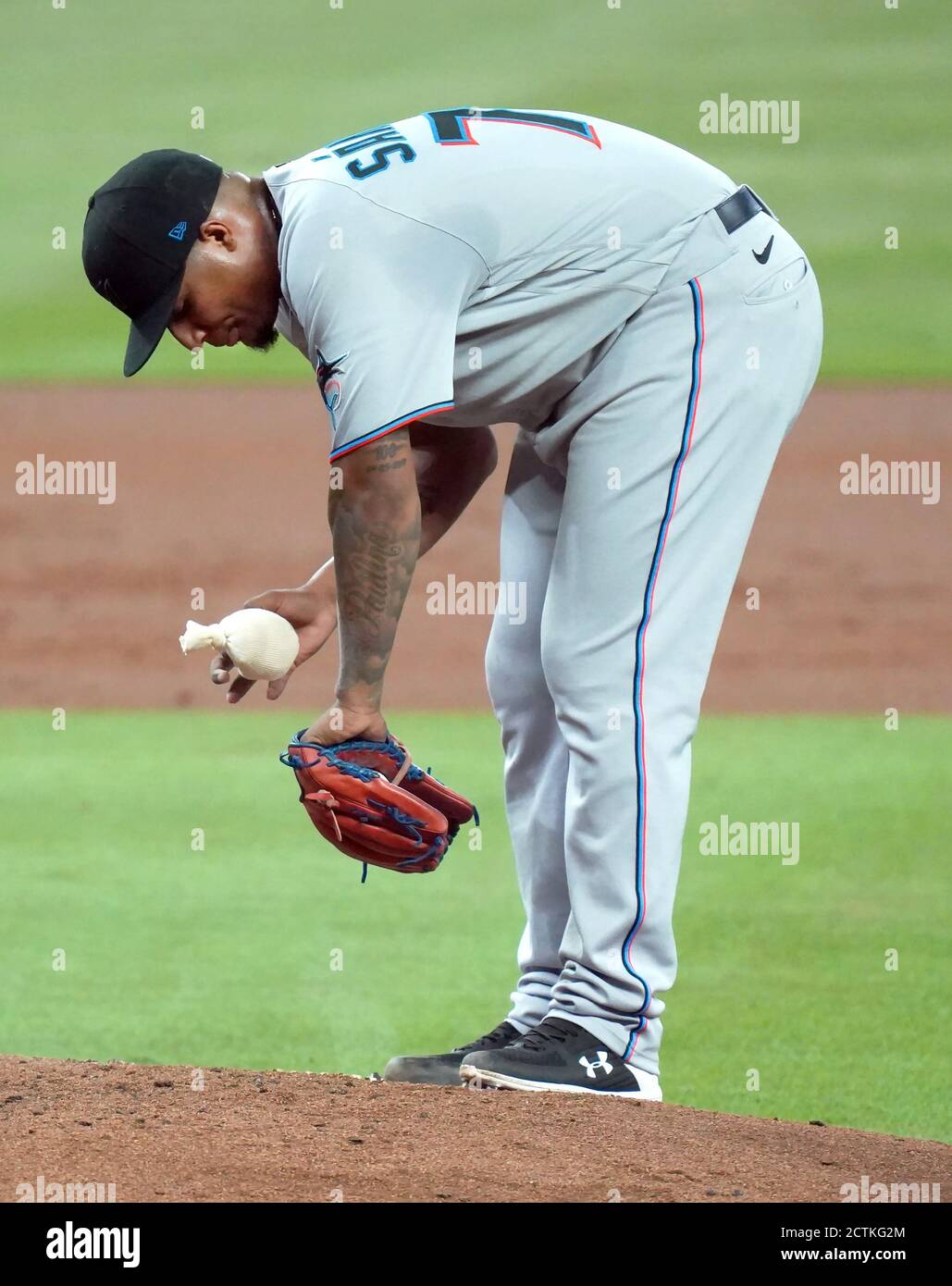 Atlanta, United States. 23rd Sep, 2020. Florida Marlins starting pitcher Sixto Sanchez goes to the rosin bag after allowing a third run to the Atlanta Braves in the first inning at Truist Park in Atlanta on Wednesday, September 23, 2020. Photo by Tami Chappell/UPI Credit: UPI/Alamy Live News Stock Photo