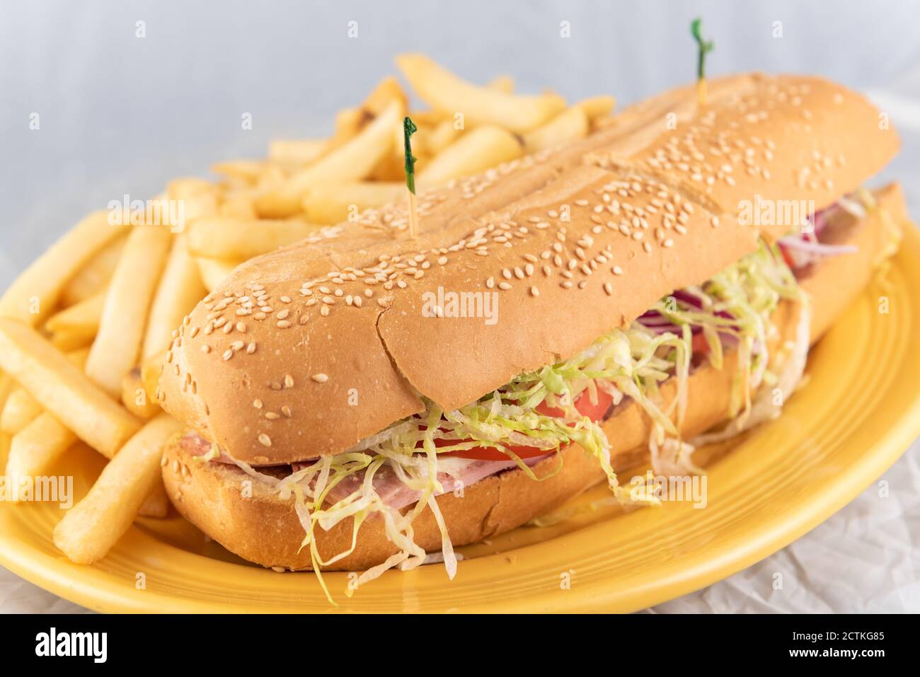 Healthy serving of Italian cold cuts sandwich with french fries to