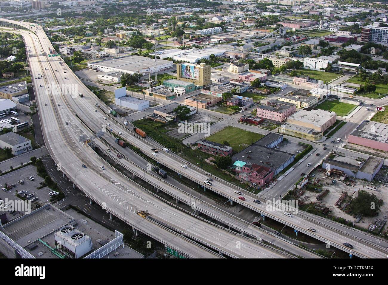 Archival September 2005 aerial view of Interstate 95 bridges and ramps in the Overtown area of Miami, Florida, USA. Stock Photo