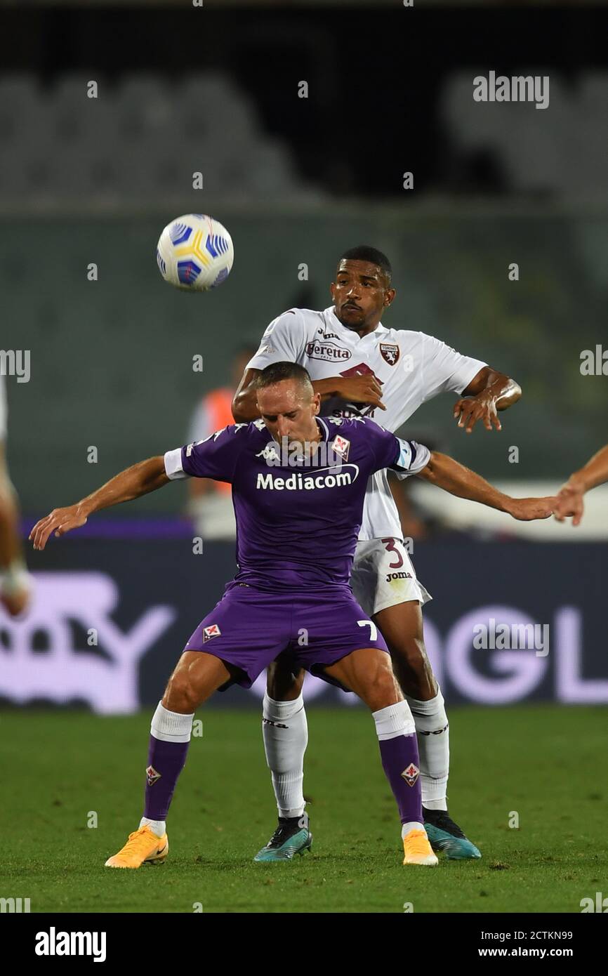 Franck Ribery (Fiorentina)Gleison Bremer Silva Nascimento (Torino) during the Italian “ Serie A' match between Fiorentina 1-0 Torino at Artemio Franchi Stadium on September 19, 2020 in Florence, Italy. (Photo by Maurizio Borsari/AFLO Stock Photo