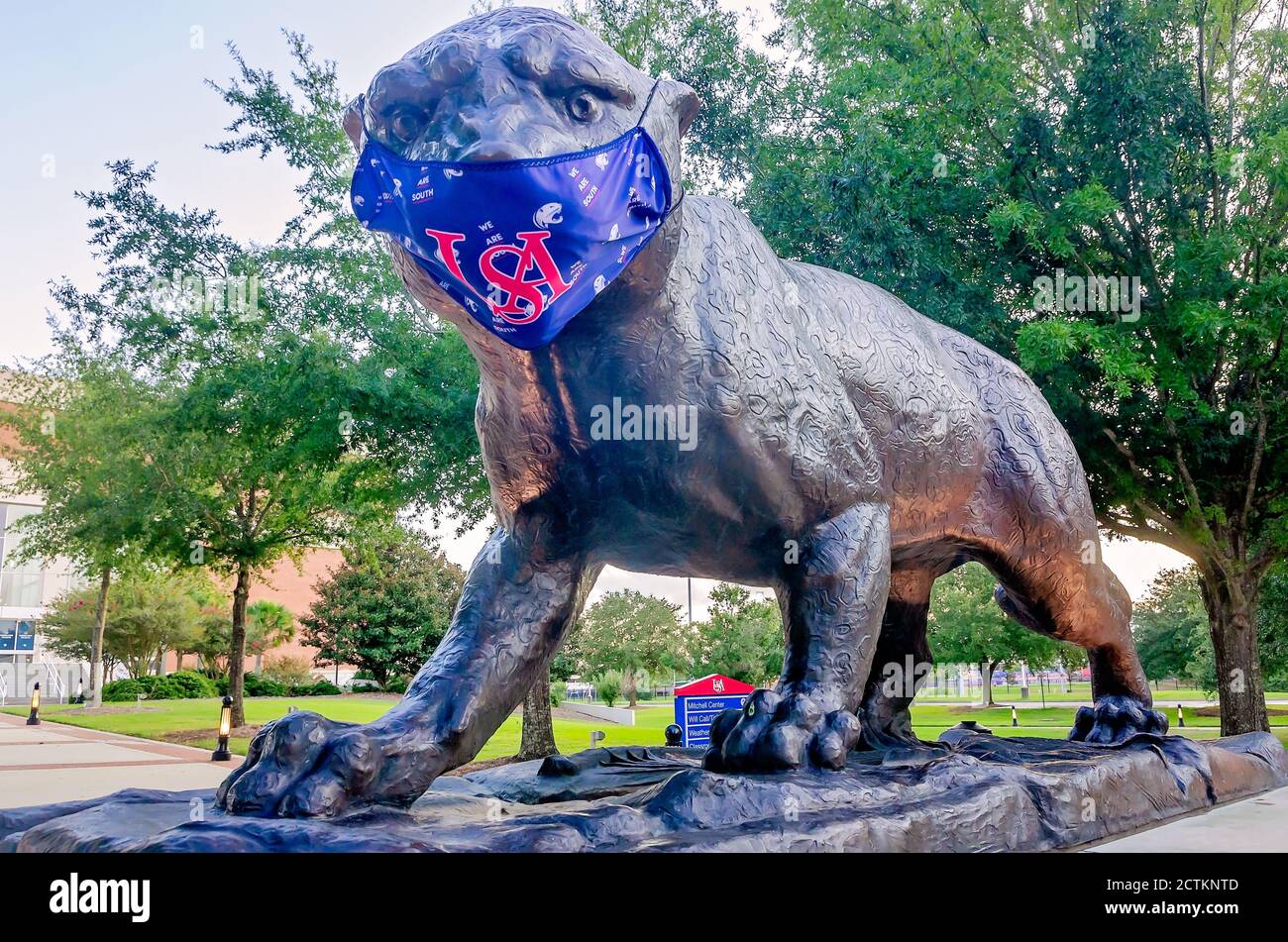 The University Of South Alabama Mascot The Jaguar Wears A Mask To the-university-of-south-alabama-mascot-the-jaguar-wears-a-mask-to