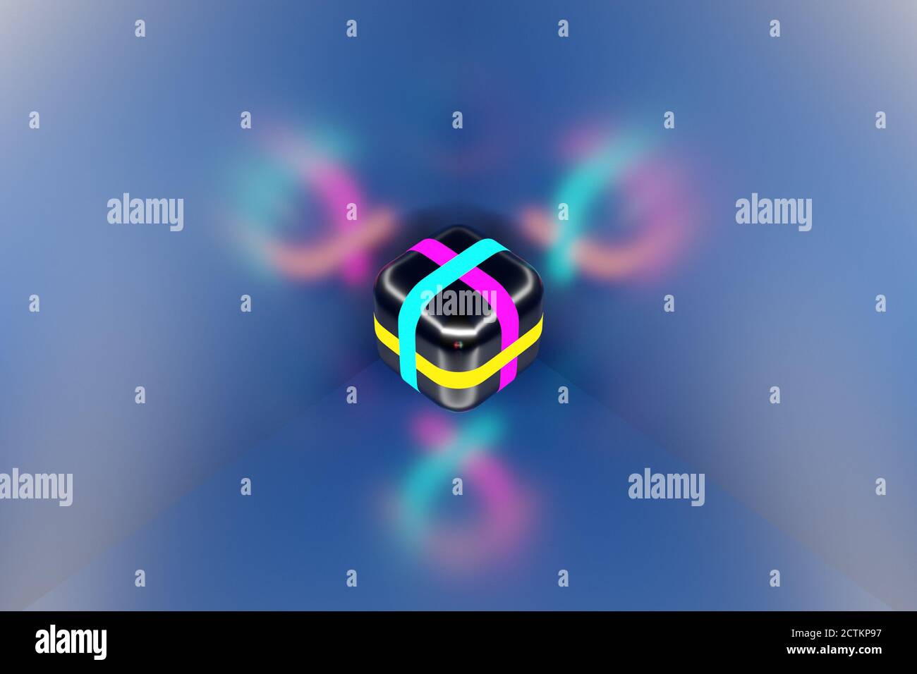 3D illustration of a neon cube with various colorful stripes shining in ...