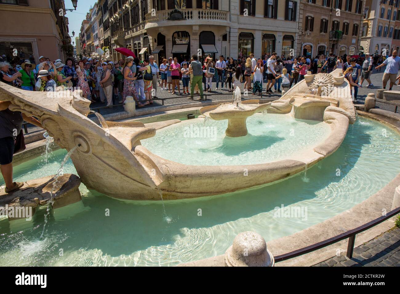 Rome, Lazio region, Italy.  Fontana della Barcaccia (which can be translated as “Fountain of the Worthless Boat” or “Fountain of the Ugly Boat”) was b Stock Photo